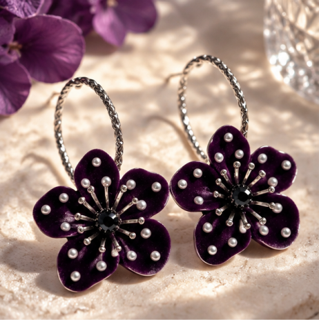Midnight Bloom Pearl Floral Hoop Earrings