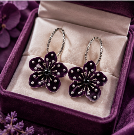 Midnight Bloom Pearl Floral Hoop Earrings