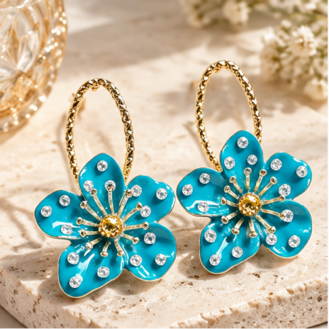 Ocean Bloom Crystal Floral Hoop Earrings