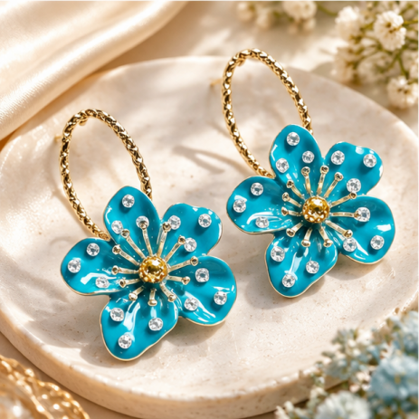 Ocean Bloom Crystal Floral Hoop Earrings