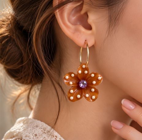 Amber Bloom Pearl Floral Hoop Earrings