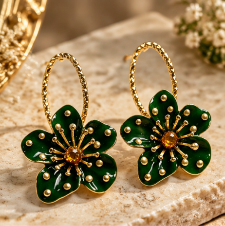 Emerald Garden Pearl Floral Hoop Earrings