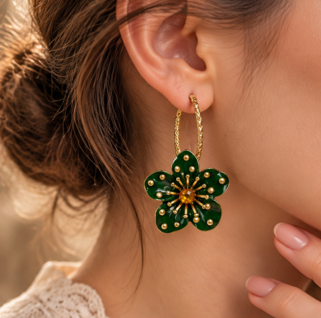 Emerald Garden Pearl Floral Hoop Earrings