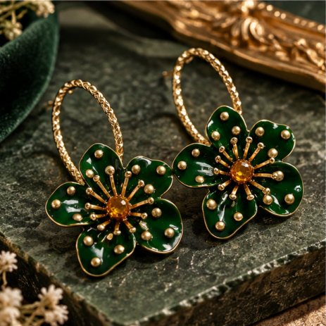 Emerald Garden Pearl Floral Hoop Earrings