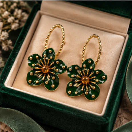 Emerald Garden Pearl Floral Hoop Earrings
