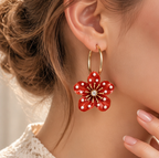 Scarlet Bloom Crystal Floral Hoop Earrings