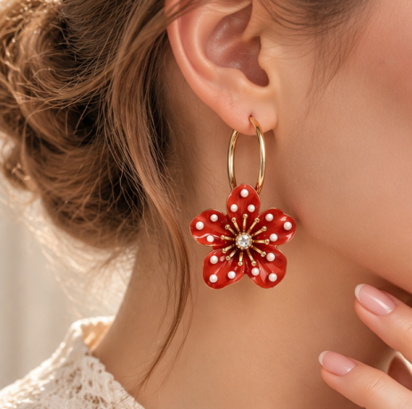 Scarlet Bloom Crystal Floral Hoop Earrings