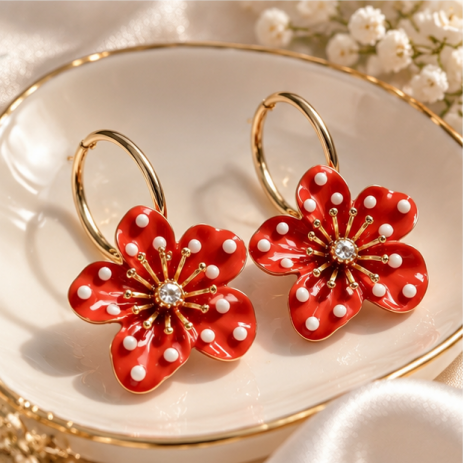 Scarlet Bloom Crystal Floral Hoop Earrings