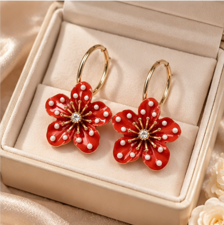 Scarlet Bloom Crystal Floral Hoop Earrings