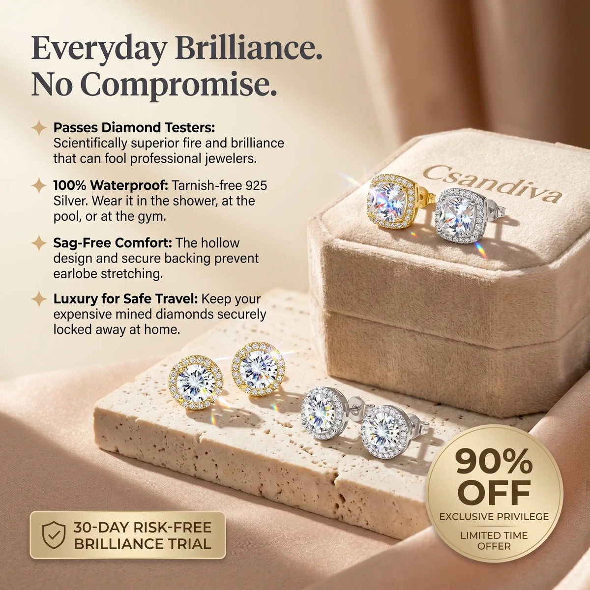 csandiva™ VVS1 Moissanite Halo Studs - Zero Droop Comfort & 100% Waterproof Brilliance | Claim 90% OFF Today🔥