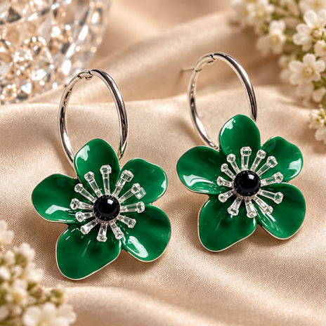 Emerald Blossom Flower Hoop Earrings