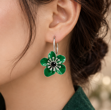 Emerald Blossom Flower Hoop Earrings