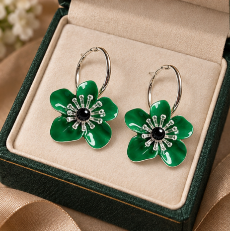 Emerald Blossom Flower Hoop Earrings