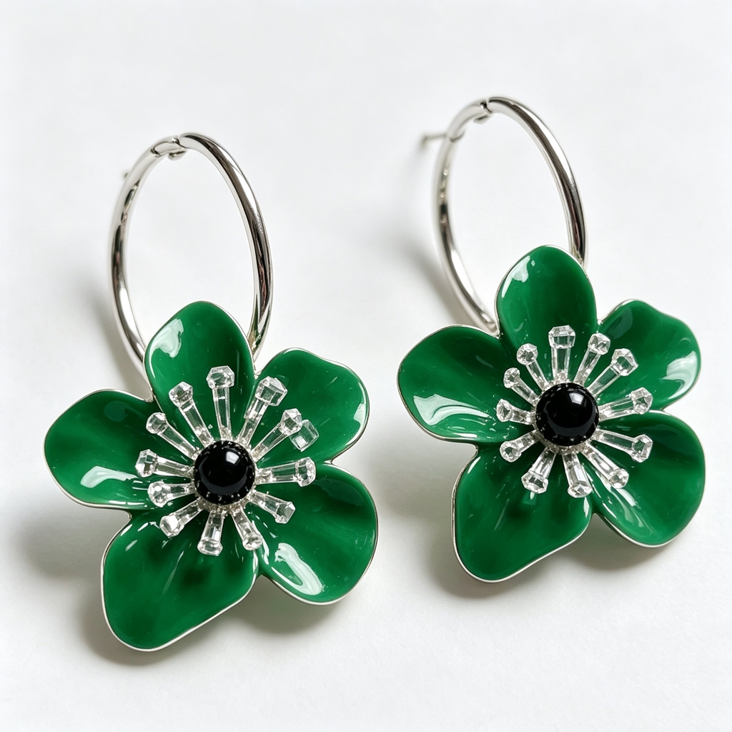 Emerald Blossom Flower Hoop Earrings