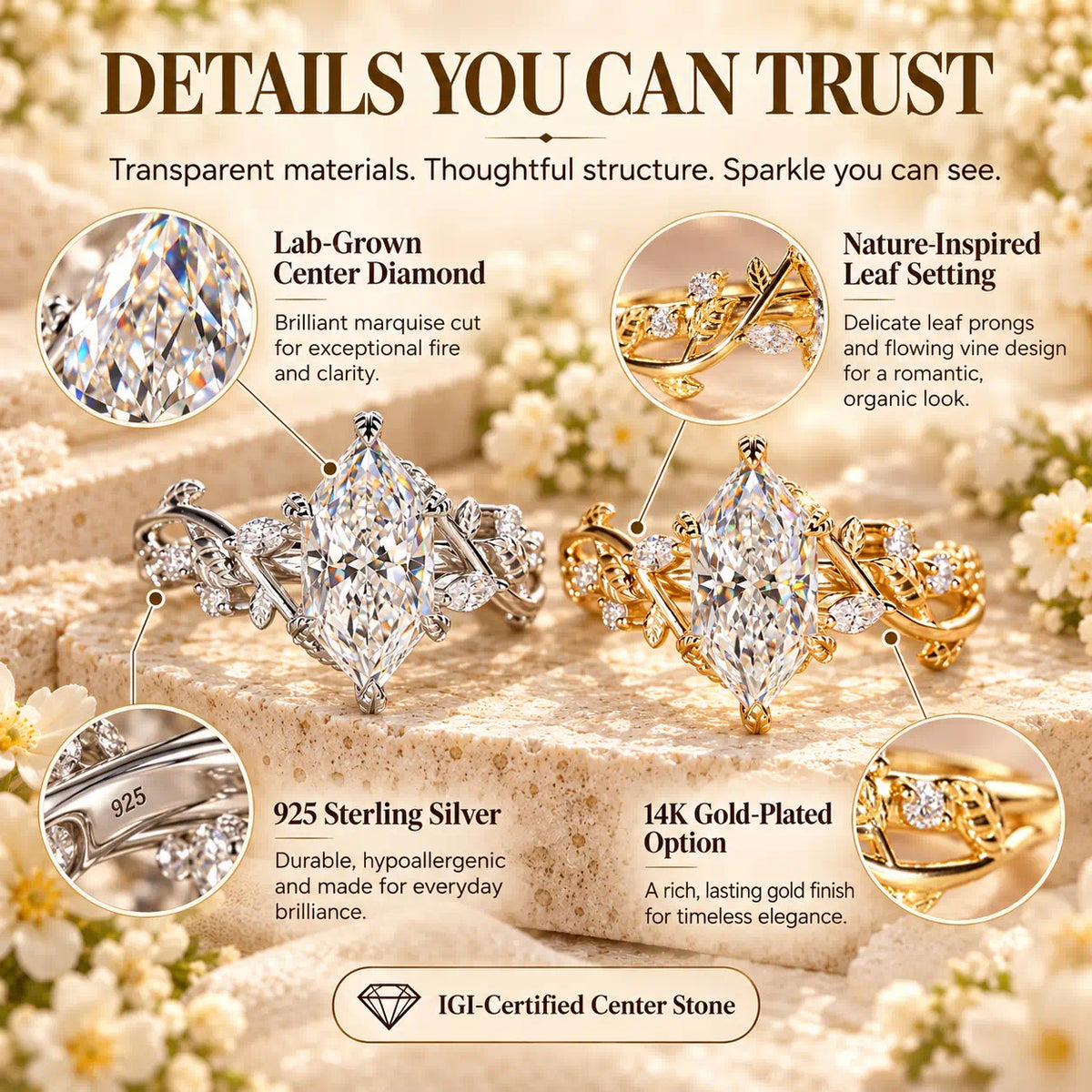 A Nature-Inspired Marquise Lab-Grown Diamond Ring with Romantic Vine & Leaf Details-Last Day Sale-90% OFF🔥