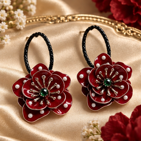 Crimson Blossom Pearl Flower Hoop Earrings