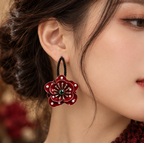 Crimson Blossom Pearl Flower Hoop Earrings