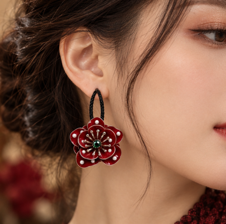 Crimson Blossom Pearl Flower Hoop Earrings