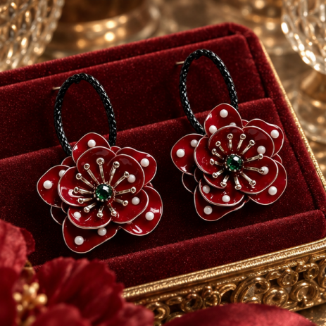 Crimson Blossom Pearl Flower Hoop Earrings