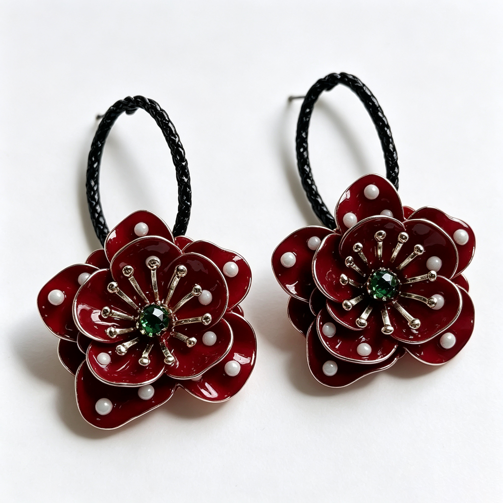 Crimson Blossom Pearl Flower Hoop Earrings
