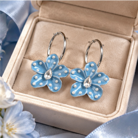 Ocean Blue Blossom Pearl Hoop Earrings