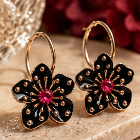 Midnight Bloom Ruby Flower Hoop Earrings