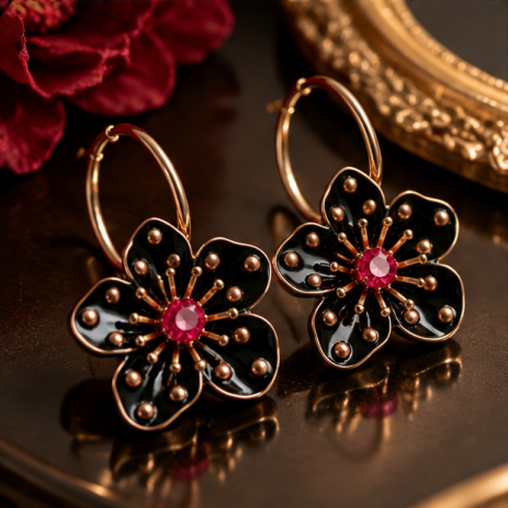 Midnight Bloom Ruby Flower Hoop Earrings