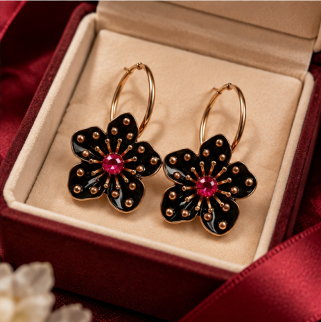 Midnight Bloom Ruby Flower Hoop Earrings