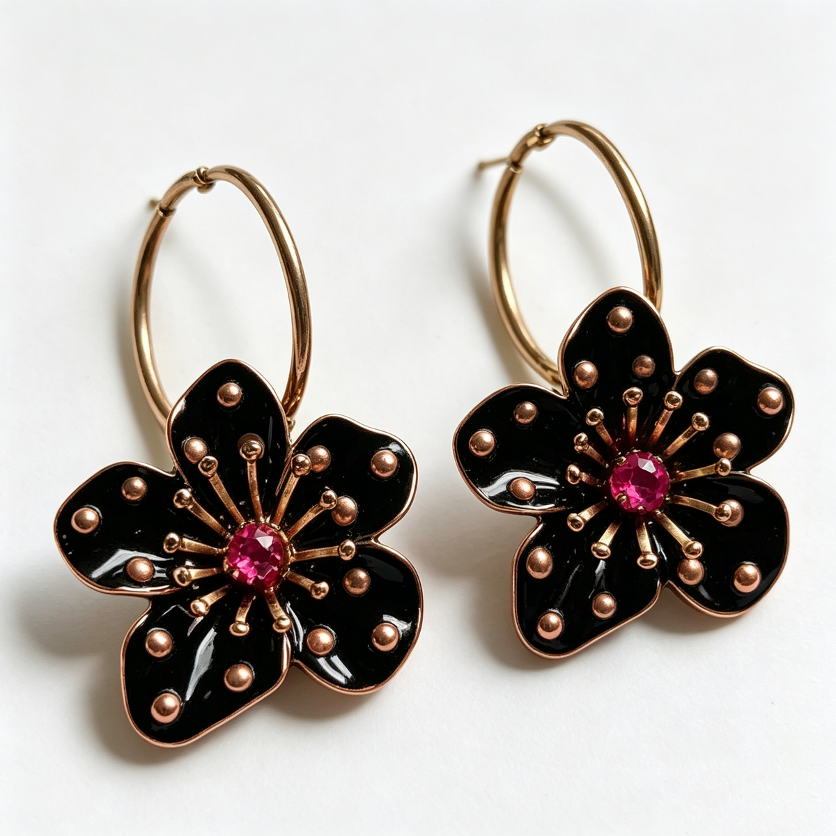 Midnight Bloom Ruby Flower Hoop Earrings