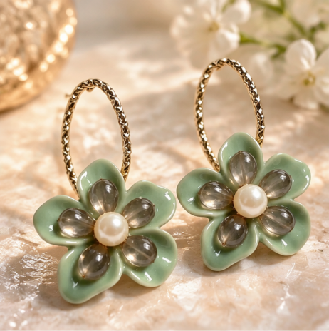 Sage Bloom Pearl Floral Hoop Earrings