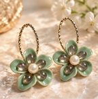 Sage Bloom Pearl Floral Hoop Earrings