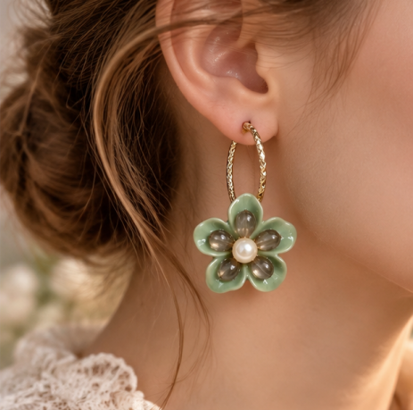 Sage Bloom Pearl Floral Hoop Earrings