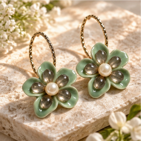 Sage Bloom Pearl Floral Hoop Earrings