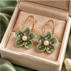 Sage Bloom Pearl Floral Hoop Earrings