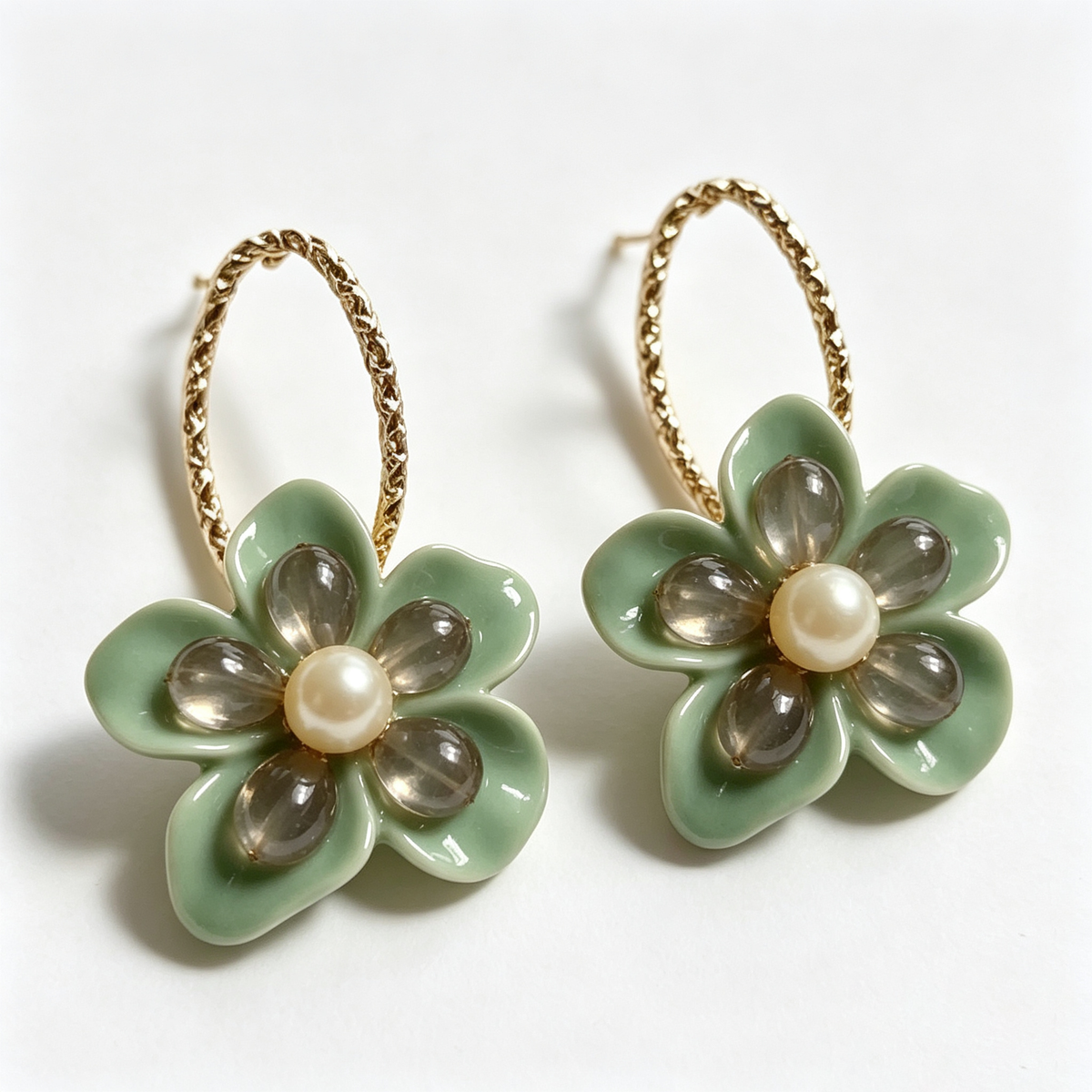 Sage Bloom Pearl Floral Hoop Earrings