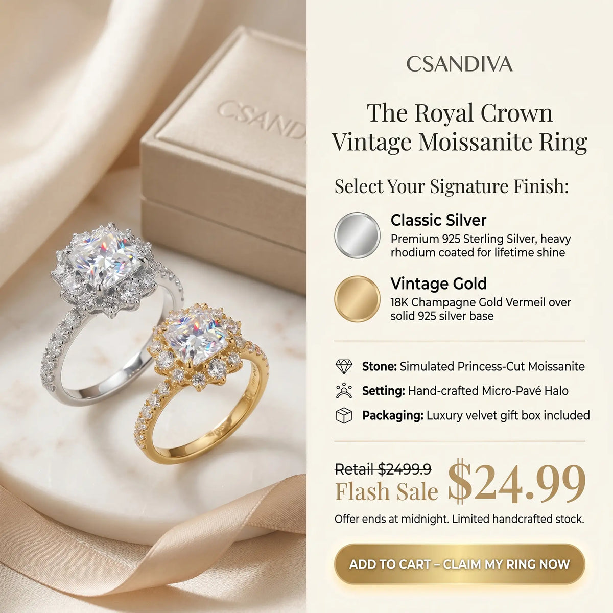 Csandiva™ Hand-Forged Vintage Moissanite Crown Ring | Butter-Smooth Micro-Pavé, Hypoallergenic Elegance | 90% OFF Last Day 🔥