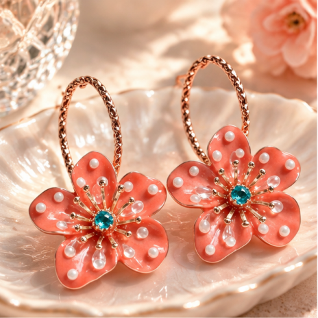 Coral Bloom Pearl Floral Hoop Earrings
