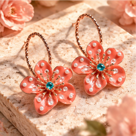 Coral Bloom Pearl Floral Hoop Earrings