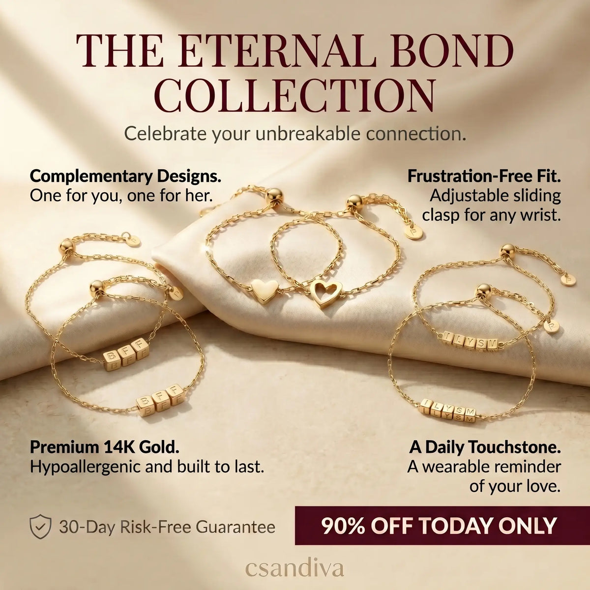 Csandiva 14K Gold "Eternal Bond" Matching Bracelet Set (2-Piece) | Today Only 90% OFF🔥